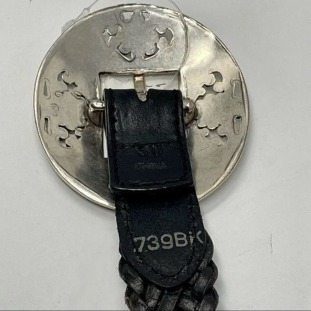 NWT Vintage Unbranded Black Braided Leather Belt w/Silver Floral details 30” - Picture 6 of 8